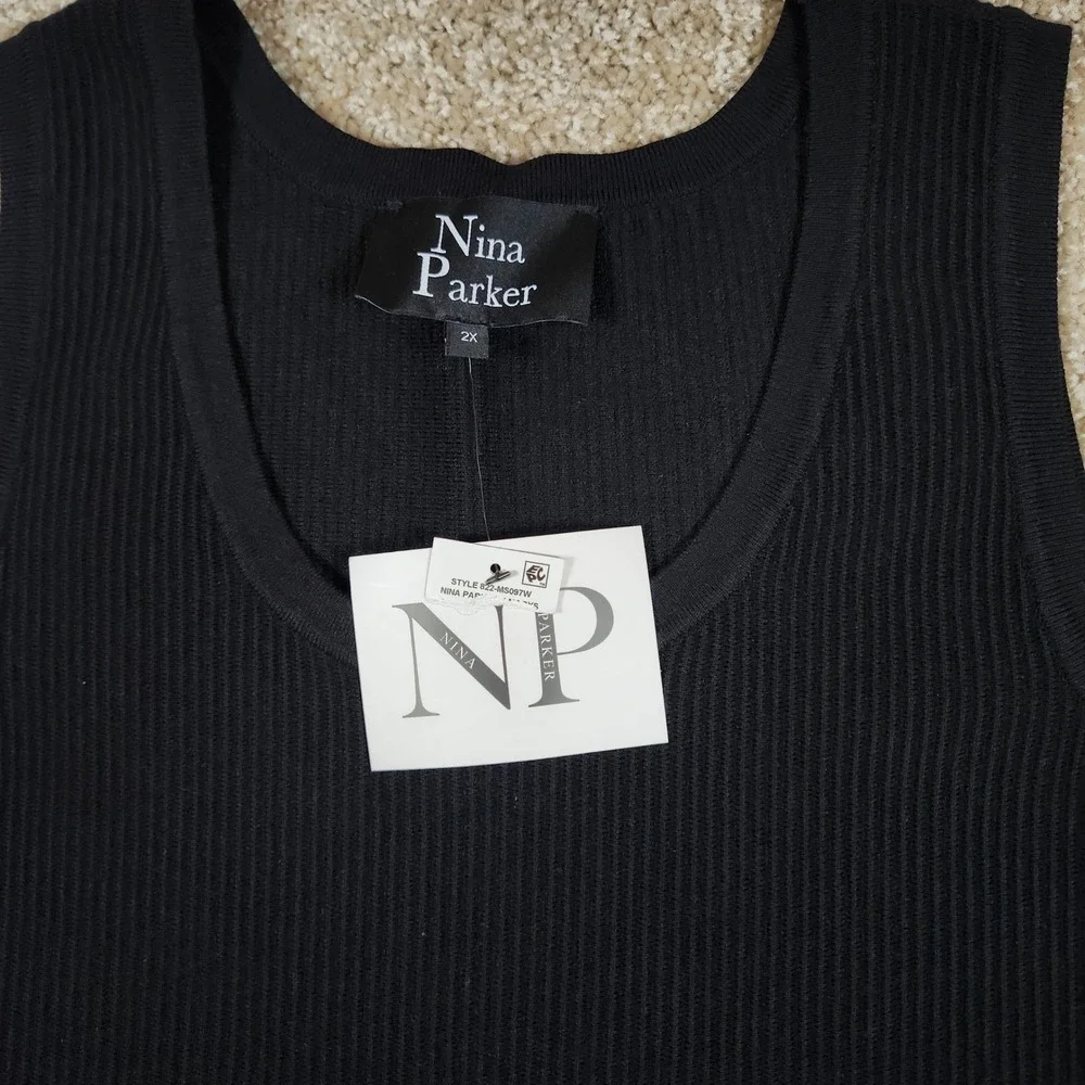 Nina Parker Tank Top Black Ribbed Knit Sleeveless Casual Scoop Neck 2X